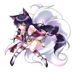  ahri_(league_of_legends) animal_ears bare_shoulders blue_hair breasts cleavage commentary_request detached_sleeves elk_(huge) facial_mark female fox_ears fox_tail kneehighs korean_clothes league_of_legends long_hair medium_breasts multiple_tails ponytail smile socks solo tail whisker_markings white_background yellow_eyes 