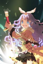  blue_eyes bow capelet clarice_altheim crown dao_(sword_girls) female frills glowing grin holding long_hair lowres open_mouth photoshop_(medium) potion purple_hair ribbon smile solo sword sword_girls very_long_hair wavy_hair weapon 