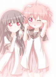  2girls akaza_akari black_hair blunt_bangs blush commentary_request double_bun dress hair_bun headpat kagerou_(kers) matsumoto_rise multiple_girls nanamori_school_uniform one_eye_closed open_mouth pink_eyes pink_hair sailor_dress school_uniform serafuku tears yuru_yuri 