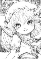  chair female flandre_scarlet graphite_(medium) greyscale hat hat_ribbon katzeh lowres monochrome oerba_yun_fang open_mouth ribbon short_hair slit_pupils smile socks solo table touhou traditional_media wings 