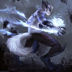  1:1 2018 5_fingers angiewolf anthro black_nose blue_body blue_fur canid canine canis clothed clothing digital_media_(artwork) digitigrade fingers fur magic male mammal neolykos solo white_body white_fur wolf 