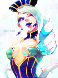  bare_shoulders blue_eyes blue_hair blue_rose breasts cleavage commentary_request crystal_earrings earrings elbow_gloves eyeshadow female gloves hat jewelry karina_lyle lipstick makeup makoto1009 medium_breasts one_eye_closed pointing short_hair solo tiger_&amp;_bunny 