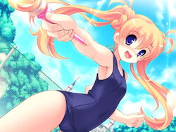  :d blonde_hair blue_eyes blush chime_milhawks dutch_angle female game_cg long_hair one-piece_swimsuit open_mouth primary_~magical_trouble_scramble~ school_swimsuit smile solo swimsuit tsurugi_hagane twintails wand 