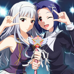  2girls ;d a-1_pictures ahoge blue_hair commentary_request company_connection cosplay cross cross_hair_ornament grey_hair hair_ornament hairband idolmaster idolmaster_(classic) kannagi kouchou long_hair miura_azusa multiple_girls nagi_(kannagi) nagi_(kannagi)_(cosplay) one_eye_closed open_mouth photoshop_(medium) red_eyes shijou_takane smile wand zange zange_(cosplay) 