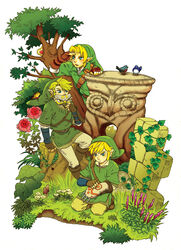  3boys belt blonde_hair blue_eyes commentary_request earrings flower gloves hat heart highres jewelry link male_focus mask multiple_boys multiple_persona piece_of_heart pointy_ears rito_(kinokosoup) the_legend_of_zelda the_legend_of_zelda:_ocarina_of_time the_legend_of_zelda:_skyward_sword the_legend_of_zelda:_twilight_princess 