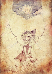  2011 clock female flandre_scarlet photoshop_(medium) sepia shiina_aya skirt skirt_set smile solo stuffed_animal stuffed_rabbit stuffed_toy touhou traditional_media wings 