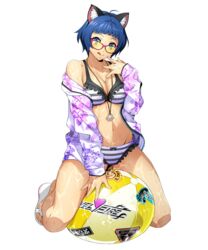  animal_ears bikini blue_hair blunt_bangs breasts cat_ears female floral_print full_body glasses inui_honoka jacket jewelry long_sleeves medium_breasts navel necklace off_shoulder official_art open_clothes open_jacket pink-framed_eyewear red-framed_eyewear sandals straddling striped_bikini striped_clothes super_robot_wars super_robot_wars_x-omega swimsuit transparent_background unzipped watanabe_wataru_(character_designer) wet 