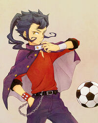  1boy bad_id bad_pixiv_id ball belt blue_hair bracelet cloak hand_in_pocket inazuma_eleven_(series) inazuma_eleven_go jewelry male_focus pants soccer_ball solo spiked_bracelet spikes telstar tsurugi_kyousuke wakaya_hana yellow_eyes 