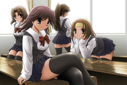  4girls black_legwear brown_hair commentary_request crossed_legs desk katou_otome koizumi_natsumi long_hair looking_at_viewer looking_back mori_kumi multiple_girls obuchi_minami pleated_skirt ponytail school_days school_uniform shingyouji_tatsuya sitting skirt smile thighhighs zettai_ryouiki 