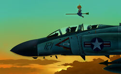  1other 2girls aircraft airplane ambiguous_gender blonde_hair blue_eyes broom broom_riding cloud commentary_request f-4_phantom_ii fighter_jet flying girls_und_panzer glasses helmet inui_(jt1116) jet mask military military_uniform military_vehicle multiple_girls original short_hair sidesaddle sky smile sunset twilight uniform vehicle_focus witch 