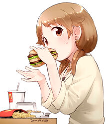  big_mac blush breasts brown_eyes brown_hair burger chicken_nuggets cleavage commentary_request cup disposable_cup double-decker_hamburger_bun drinking_straw earrings eating eyelashes fast_food female food french_fries from_side heart heart_earrings heart_necklace idolmaster idolmaster_cinderella_girls jewelry katagiri_sanae looking_at_viewer low_twintails mcdonald&#039;s medium_hair nagian necklace sauce simple_background small_breasts solo sweatdrop sweater table twintails upper_body white_background yellow_sweater 