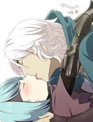  1boy armor belka_(fire_emblem_if) blue_hair blush cloak closed_eyes eyepatch female fire_emblem fire_emblem_if gauntlets headband kissing short_hair tongue white_hair 