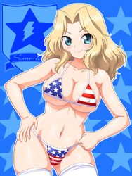  &gt;:) american_flag american_flag_bikini american_flag_print bikini blonde_hair blue_eyes blush breasts cameltoe commentary_request covered_nipples cowboy_shot emblem english_text female flag_print girls_und_panzer hands_on_own_hips hip_focus kay_(girls_und_panzer) large_breasts long_hair looking_at_viewer navel print_bikini saunders_(emblem) shiny_skin skindentation smile solo standing star_(symbol) stomach swimsuit tanuki_yousuke thighhighs thighs v-shaped_eyebrows white_thighhighs 