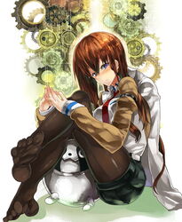  bad_anatomy bad_id bad_pixiv_id belt blue_eyes blush brown_hair crossed_legs female himuro_shunsuke jacket lab_coat long_hair makise_kurisu metal_upa necktie no_shoes pantyhose pantyhose_under_shorts red_necktie shorts sitting solo steepled_fingers steins;gate toes 