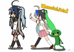  ahoge animal_ears black_hair blue_eyes blue_hair cat_ears clannad crossover drawfag fusion hatsune_miku ikeda_kana izumi_konata kappa kud_wafter little_busters! long_hair lucky_star moetron multicolored_hair noumi_kudryavka oerba_yun_fang ore_no_imouto_ga_konna_ni_kawaii_wake_ga_nai parody sakagami_tomoyo saki school_uniform silver_hair skirt twintails vocaloid 