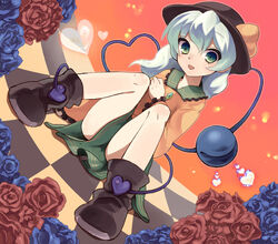  bad_id bad_pixiv_id blue_flower blue_rose blush bow dutch_angle female flower green_eyes grey_hair hat heart komeiji_koishi konbu_ame open_mouth red_flower red_rose rose short_hair skirt smile solo third_eye touhou 