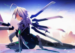  absurdres ahoge arm_blade arm_support blazblue bodysuit braid commentary_request female glowing glowing_eye grey_hair hell_machina highres long_hair looking_back mecha_musume nu-13 photoshop_(medium) red_eyes sitting sky solo sword weapon yokozuwari 