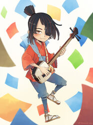  1boy black_hair eyepatch instrument kubo_(kubo_and_the_two_strings) kubo_and_the_two_strings male_focus shamisen solo twitter_username yamanobe 