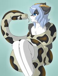  andromorph_(lore) anthro blue_eyes blue_hair blush bovid caprine coiling fur goat grey_body grey_fur hair hi_res horn hypnosis kara_(trippledot) male mammal mind_control minila nude reptile restrained scalie snake solo spiral_eyes spots submissive tongue tongue_out white_body white_fur wrapped 