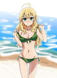  ahoge beach bikini blonde_hair blush body_blush commentary_request dokozo_no_shirou female front-tie_top green_bikini green_eyes highres hoshii_miki idolmaster idolmaster_(classic) long_hair looking_at_viewer navel off_shoulder shiny_skin side-tie_bikini_bottom smile standing strap_pull swimsuit 