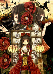  3girls bad_id bad_pixiv_id bow flower hairbow japanese_clothes kimono lantern long_hair mirror multiple_girls ofuda original ringo_komachi 