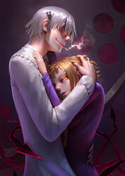  1boy artist_name blonde_hair braid cassio_yoshiyaki cigarette commentary dress female franken_stein_(soul_eater) front_braid glasses glowing glowing_eyes grey_hair highres hug jewelry looking_at_viewer md5_mismatch medusa_gorgon object_through_head photoshop_(medium) ring screw_in_head short_hair signature slit_pupils smoking soul_eater stitches straight yellow_eyes 