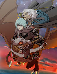  1boy armor belka_(fire_emblem_if) blue_hair bow_(weapon) breasts cloak dragon eyepatch female fire_emblem fire_emblem_if gauntlets grey_eyes grey_hair headband short_hair smile weapon zero_(fire_emblem_if) 