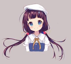  bad_id bad_pixiv_id beret blue_dress blue_eyes blush brown_background brown_hair closed_mouth commentary_request dress female hat head_tilt hinatsuru_ai layered_sleeves long_hair long_sleeves looking_at_viewer low_twintails miaomiao ryuuou_no_oshigoto! school_uniform short_over_long_sleeves short_sleeves simple_background smile solo twintails upper_body very_long_hair white_hat 