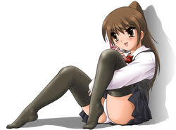  black_thighhighs blush brown_eyes brown_hair cellphone commentary_request female katou_otome long_hair no_shoes open_mouth panties pantyshot phone pleated_skirt ponytail school_days school_uniform shingyouji_tatsuya sitting skirt solo thighhighs underwear white_background 