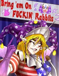  american_flag_dress animal_ears blonde_hair clown clownpiece commentary_request cosplay crescent_moon cross donald_trump earrings english_text fairy_wings female gloves grin hat jester_cap jewelry light_bulb mask microphone moon parody photo-referenced pointing polka_dot profanity rabbit_ears ryuuichi_(f_dragon) sharp_teeth shit smile solo star_(symbol) striped teeth touhou wings yellow_eyes yes_we_can 