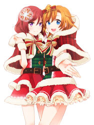  2girls belt blue_eyes bow commentary_request frilled_skirt frills hair_ornament kosaka_honoka looking_at_viewer love_live! love_live!_school_idol_project multiple_girls nishikino_maki one_side_up open_mouth orange_hair purple_eyes red_hair santa_costume short_hair simple_background skirt smile white_background yuzucky 