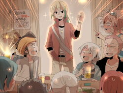  6+boys aged_up alcohol beer blue_hair brown_hair commentary_request dreadlocks drinking endou_mamoru food fubuki_shirou gouenji_shuuya headband hood hoodie inazuma_eleven_(series) inazuma_eleven_go jacket jewelry kazemaru_ichirouta kidou_yuuto kiyama_hiroto laughing male_focus moyuchocolats multicolored_hair multiple_boys necklace pink_hair someoka_ryuugo sweatdrop tsunami_jousuke utsunomiya_toramaru waving white_hair 