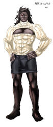  1boy alternate_costume black_hair commentary_request crossdressing dark-skinned_male dark_skin fate/stay_night fate_(series) heracles_(fate) makishima_rin male_focus meme_attire open-chest_sweater pantyhose parody photoshop_(medium) skirt solo sweater 