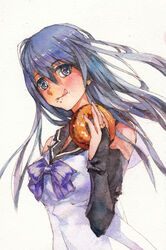  bad_id bad_pixiv_id bare_shoulders blue_eyes bow breasts bridal_gauntlets crumbs doughnut female food gokukoku_no_brynhildr highres kuroha_neko licking_lips long_hair looking_at_viewer mad_hatter_(artist) medium_breasts photoshop_(medium) purple_hair sailor_collar scarf simple_background solo tongue tongue_out upper_body white_background 