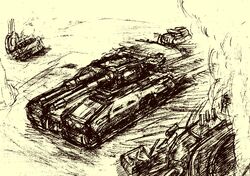  damaged gundam highres kenno9mp40 mobile_suit_gundam monochrome no_humans tank type_61_(gundam) vehicle 