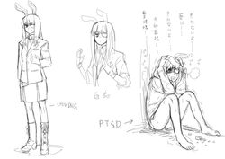  adapted_costume animal_ears barefoot belt blazer boots bottomless breath clenched_teeth commentary_request drugs eyepatch female greyscale jacket kuroi_yasu loose_belt monochrome multiple_views ptsd rabbit_ears reisen_udongein_inaba sitting skirt standing tears teeth touhou translation_request traumatized trembling 