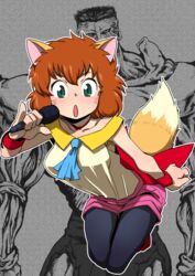  1boy animal_ears ascot black_legwear female fox_ears fox_tail koto_(yuu_yuu_hakusho) microphone open_mouth pantyhose short_shorts shorts toguro_otouto uchuu_ika yuu_yuu_hakusho 