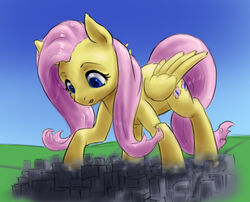  alloyrabbit blue_eyes city cutie_mark destruction equid equine feathered_wings feathers female feral fluttershy_(mlp) friendship_is_magic hair hasbro hooves long_hair macro mammal my_little_pony mythological_creature mythological_equine mythology open_mouth pegasus pink_hair sky solo standing wings yellow_body yellow_feathers 