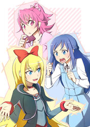  3girls aida_mana angry ayatori_(sensei_heroism) blonde_hair blue_eyes blue_hair bow braid commentary_request cropped_jacket dokidoki!_precure flipped_hair hairbow half_updo highres hishikawa_rikka long_hair multiple_girls pink_bow pink_eyes pink_hair precure regina_(dokidoki!_precure) shrugging 