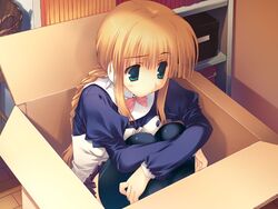  android aqua_eyes black_thighhighs blonde_hair box braid cardboard_box female game_cg green_eyes in_box in_container indoors long_hair long_sleeves mitsumi_misato robot_ears silfa_(to_heart) solo thighhighs to_heart_(series) to_heart_2 