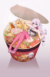  absurdres arm_behind_head arm_up armpits asymmetrical_clothes bare_arms bare_shoulders blue_eyes breasts closed_mouth clothes_writing commentary_request cup_ramen female food food_focus full_body gloves grey_background highres honkai_(series) honkai_impact_3rd in_bowl in_container in_food kamaboko kiana_kaslana kiana_kaslana_(valkyrie_ranger) leaf long_hair looking_at_viewer low-tied_long_hair medium_breasts mini_person minigirl multicolored_hair mussel narutomaki noodles partially_submerged photoshop_(medium) piano_print pink_footwear pink_hair pink_thighhighs qian_yi see-through shoes shrimp simple_background smile solo soup steam strapless streaked_hair thighhighs thighs translation_request tube_top underboob very_long_hair white_gloves 