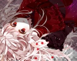  commentary_request dress female k-project kushina_anna lolita_fashion long_hair looking_at_viewer lying marble_(toy) red_eyes rirako white_hair 