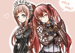  2girls armor belt blue_eyes breasts dress english felicia_(fire_emblem_if) fire_emblem fire_emblem_if frills gloves heart long_hair luna_(fire_emblem_if) maid_headdress multiple_girls one_eye_closed pink_background pink_hair red_eyes red_hair smile twintails wink 