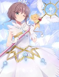  :3 :d absurdres antenna_hair arms_up bare_arms blue_sky breasts brown_hair cardcaptor_sakura cardcaptor_sakura_clear_card_arc clear_card closed_mouth cloud cloudy_sky commentary_request creature crown day dress feathered_wings female floating_hair gem gloves green_eyes hair_between_eyes hair_intakes highres holding holding_staff kero_(cardcaptor_sakura) kinomoto_sakura kinomoto_sakura_(crystal_feather_dress) kokiri_miki magical_girl one_eye_closed open_mouth outdoors see-through short_hair_with_long_locks sidelocks sky sleeveless sleeveless_dress small_breasts smile staff star_(symbol) tail tareme white_dress white_gloves white_wings wings yume_no_tsue 