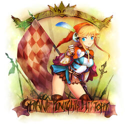  armor armored_dress blonde_hair blue_eyes checkered_flag commentary_request copyright_name feathers female flag grand_knights_history kara_(color) lisha_stalake skirt solo 