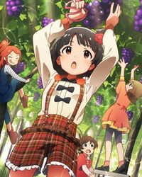  4girls black_hair brown_eyes food fruit grapes hair_ornament idolmaster idolmaster_million_live! kinoshita_hinata multiple_girls nakatani_iku official_art ogami_tamaki open_mouth short_hair solo_focus suou_momoko tint_me_(idolmaster) 