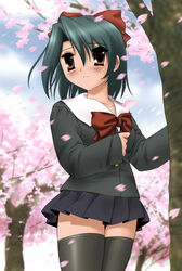  black_thighhighs blush bow brown_eyes cherry_blossoms commentary_request female green_hair hairbow kiyoura_setsuna pleated_skirt school_days school_uniform shingyouji_tatsuya short_hair skirt solo thighhighs tree zettai_ryouiki 