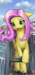  alloyrabbit blush car cutie_mark destruction equid equine female feral fluttershy_(mlp) friendship_is_magic hair hasbro hooves long_hair macro mammal my_little_pony mythological_creature mythological_equine mythology open_mouth outside pegasus solo vehicle wings 