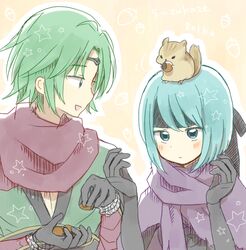  armor belka_(fire_emblem_if) blue_eyes blue_hair blush breasts cloak female fire_emblem fire_emblem_if gloves green_eyes green_hair headband open_mouth short_hair squirrel star sugumochi suzukaze_(fire_emblem_if) 