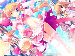  2girls blonde_hair blue_eyes chime_milhawks game_cg gloves long_hair long_sleeves multiple_girls navel one_eye_closed panties primary_~magical_trouble_scramble~ sharon_elfina skirt smile standing striped_clothes striped_panties tail thighhighs tsurugi_hagane twintails underwear wand 